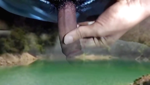 Girl with a dirty mouth is in outdoor and gets wet