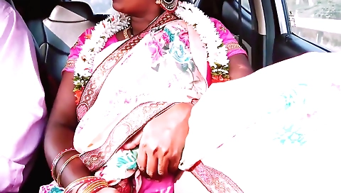 Brunette brunette in pink dress tries to fuck a guy in the car