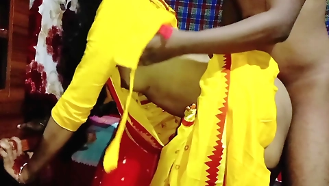 Indian brunette with natural tits is having a good handjob