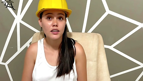 Brunette cumming in the mouth of an architect and a guy