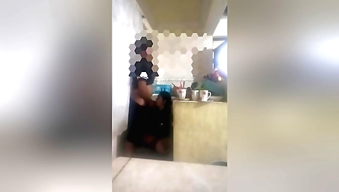 Amateur brunette milf with natural tits fucked in the kitchen