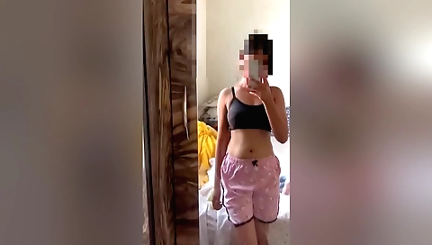 Brunette babe with sexy body naked in a college dorm