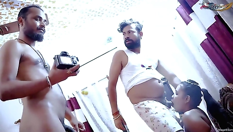 Brunette and the guy have a threesome with the guy's hard dick